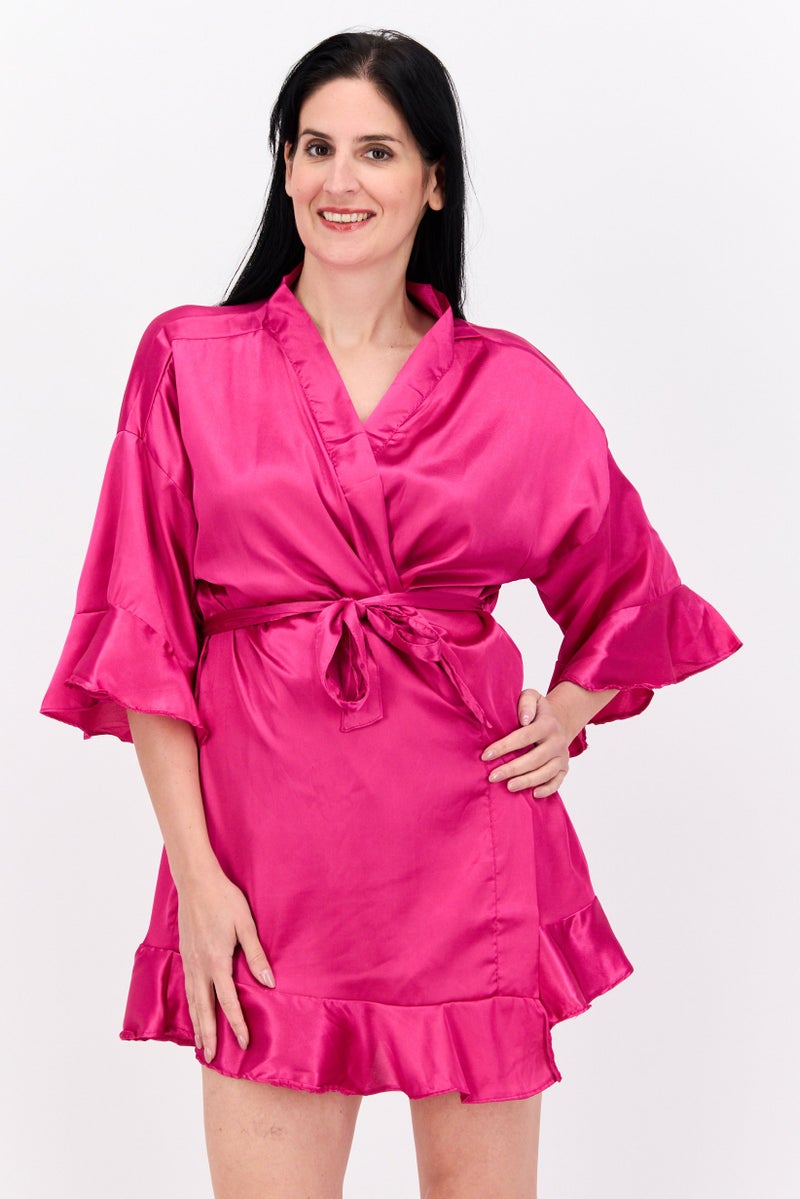 BRAVE SOUL Women Satin Belted Sleepwear Robe, Pink  - Image 1
