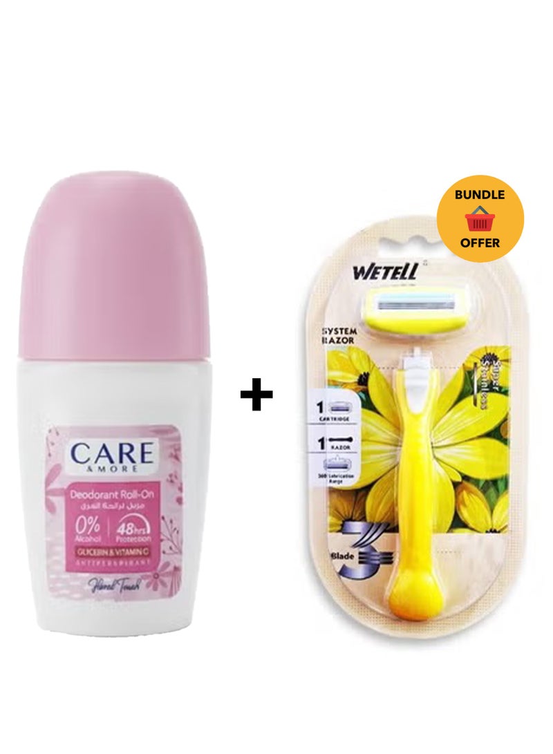 WETELL Women's razor with 3 nano-precision blades and a 360° moisturizing strip, enriched for sensitive skin, a flexible head that conforms to the contours of the skin, and protective rubber fins for a smooth and safe shave without irritation. & Floral Touch Deodorant Roll 50ml, 48H Protection, Aluminum Silicone Paraben Free, Alcohol Free, Gentle CareBundle - Image 1