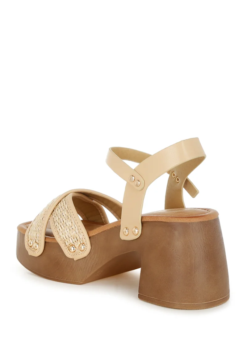 London Rag Studded Raffia Clog Sandals in Natural