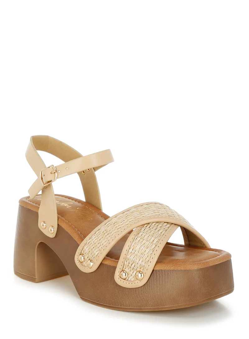 London Rag Studded Raffia Clog Sandals in Natural