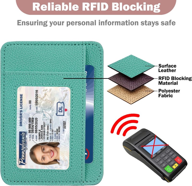 Hot Cool Card Holder Wallet Front Pocket Minimalist Travel Cute Funny Thin Leather With RFID Blocking Small Credit Card Holder Wallet for Men & Women Girls Organizer Gifts, Litchi Mint - Image 5