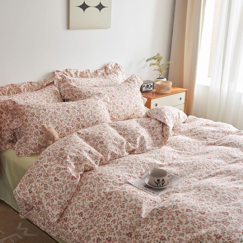 LifeTB Pink Flower Comforter Set Queen Floral Printed Aesthetic Bedding Set Vintage Garden Style Floral Comforter with 2 Pillowcases Girls Cute Flower Botanical Bedding Queen Bed Comforter Set - Image 5