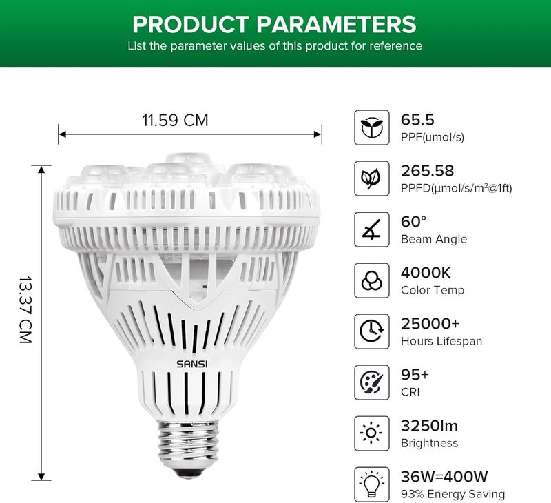 SANSI 36W Grow Light Bulb for Indoor Plants, E27 LED Plant Grow Light (350W 400W Equivalent) High PPFD Full Spectrum, 5000K Daylight Grow Bulb for Seedlings Succulents Vegs Flowers - Image 4