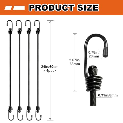 Serplex® 4Pcs Boungee Cords 24 inches Heavy Duty Outdoor Elastic Bungee Straps with Dual End Hook, Elastic Bungie Straps, Bungy Cords, Rubber Bunjee Chords Multi Use Rope for Luggage, Camping, Tidying - Image 2
