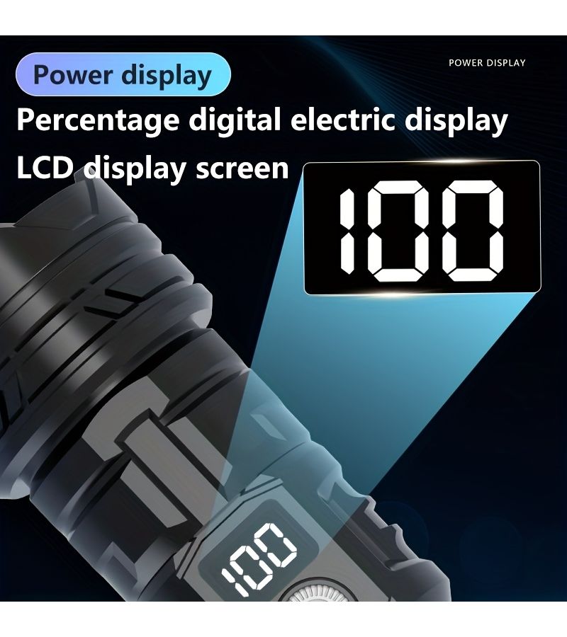 2 كشاف يدوي تكتيكي LED مع شاشة رقمية وزوم تلسكوبي، شحن سريع عبر USB من النوع C، بطارية ليثيوم محمولة بتصميم مضغوط للإضاءة الخارجية في حالات الطوارئ - Image 5