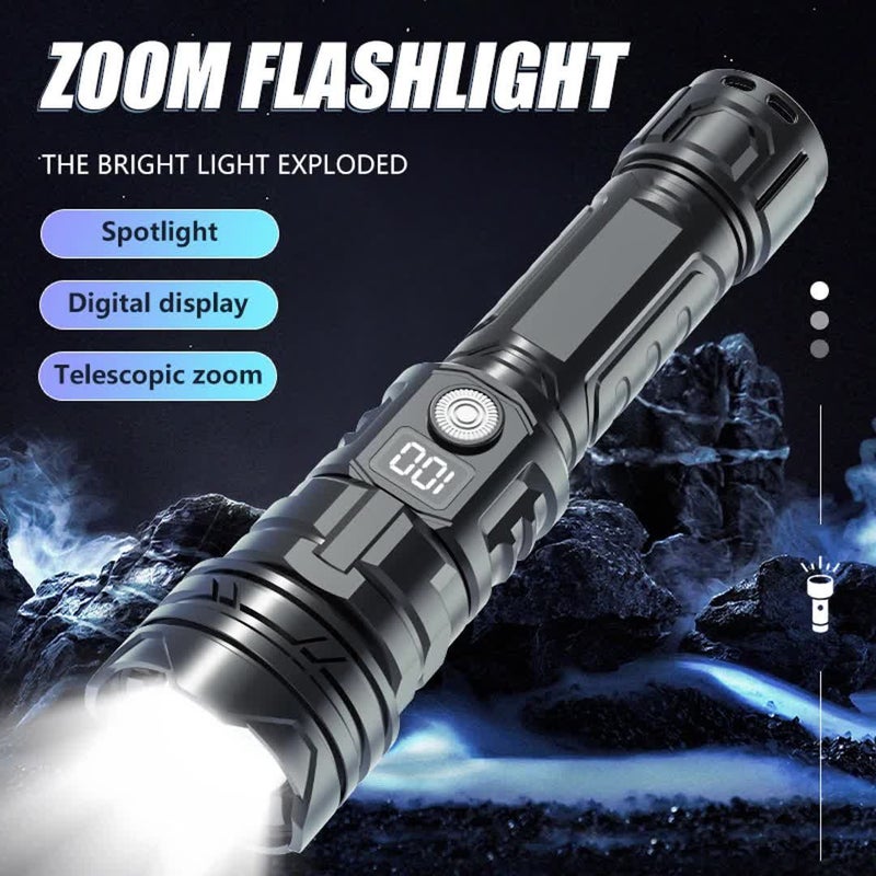 2 كشاف يدوي تكتيكي LED مع شاشة رقمية وزوم تلسكوبي، شحن سريع عبر USB من النوع C، بطارية ليثيوم محمولة بتصميم مضغوط للإضاءة الخارجية في حالات الطوارئ - Image 2