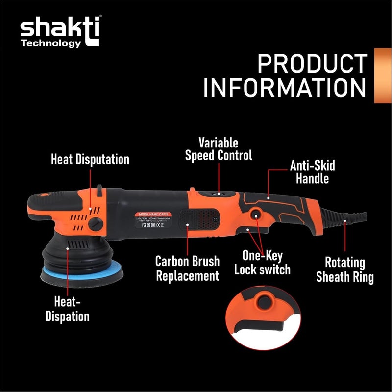 Shakti Technology شاكتي تكنولوجيا DAP15 جهاز تلميع مزدوج 1000 واط لجهاز تلميع السيارات 15 مم مداري مع مقبض D 20004500 دورة في الدقيقة مع حجم قرص 125 مم 5 بوصة مثالي للسيارات SUV القوارب بلاط التلميع والتشميع - Image 3