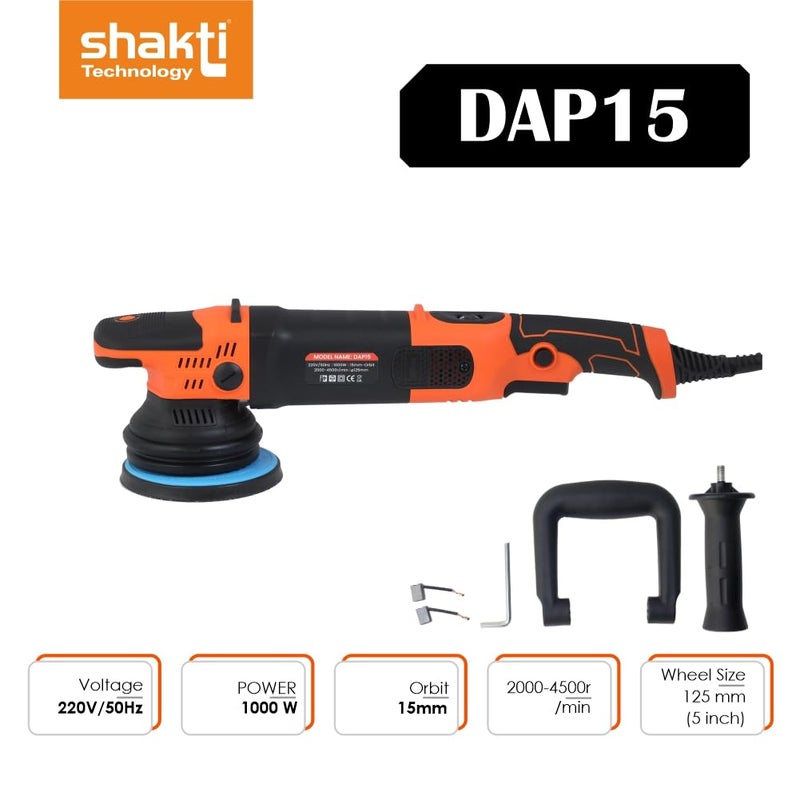 Shakti Technology شاكتي تكنولوجيا DAP15 جهاز تلميع مزدوج 1000 واط لجهاز تلميع السيارات 15 مم مداري مع مقبض D 20004500 دورة في الدقيقة مع حجم قرص 125 مم 5 بوصة مثالي للسيارات SUV القوارب بلاط التلميع والتشميع - Image 2