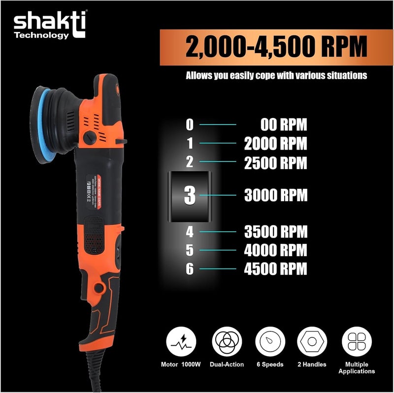 Shakti Technology شاكتي تكنولوجيا DAP15 جهاز تلميع مزدوج 1000 واط لجهاز تلميع السيارات 15 مم مداري مع مقبض D 20004500 دورة في الدقيقة مع حجم قرص 125 مم 5 بوصة مثالي للسيارات SUV القوارب بلاط التلميع والتشميع - Image 4