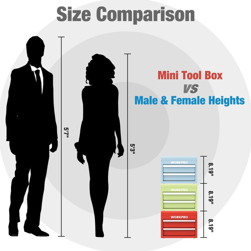 WORKPRO Mini Metal Tool Box with 2 Drawers and Top Storage, Small Tool Chest with PVC Liners and PP Feet Pads, Cold Rolled Steel Toolbox with Magnetic Tab - Image 2