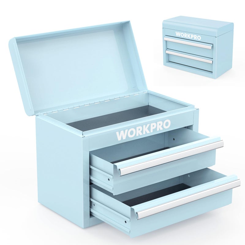 WORKPRO Mini Metal Tool Box with 2 Drawers and Top Storage, Small Tool Chest with PVC Liners and PP Feet Pads, Cold Rolled Steel Toolbox with Magnetic Tab - Image 1