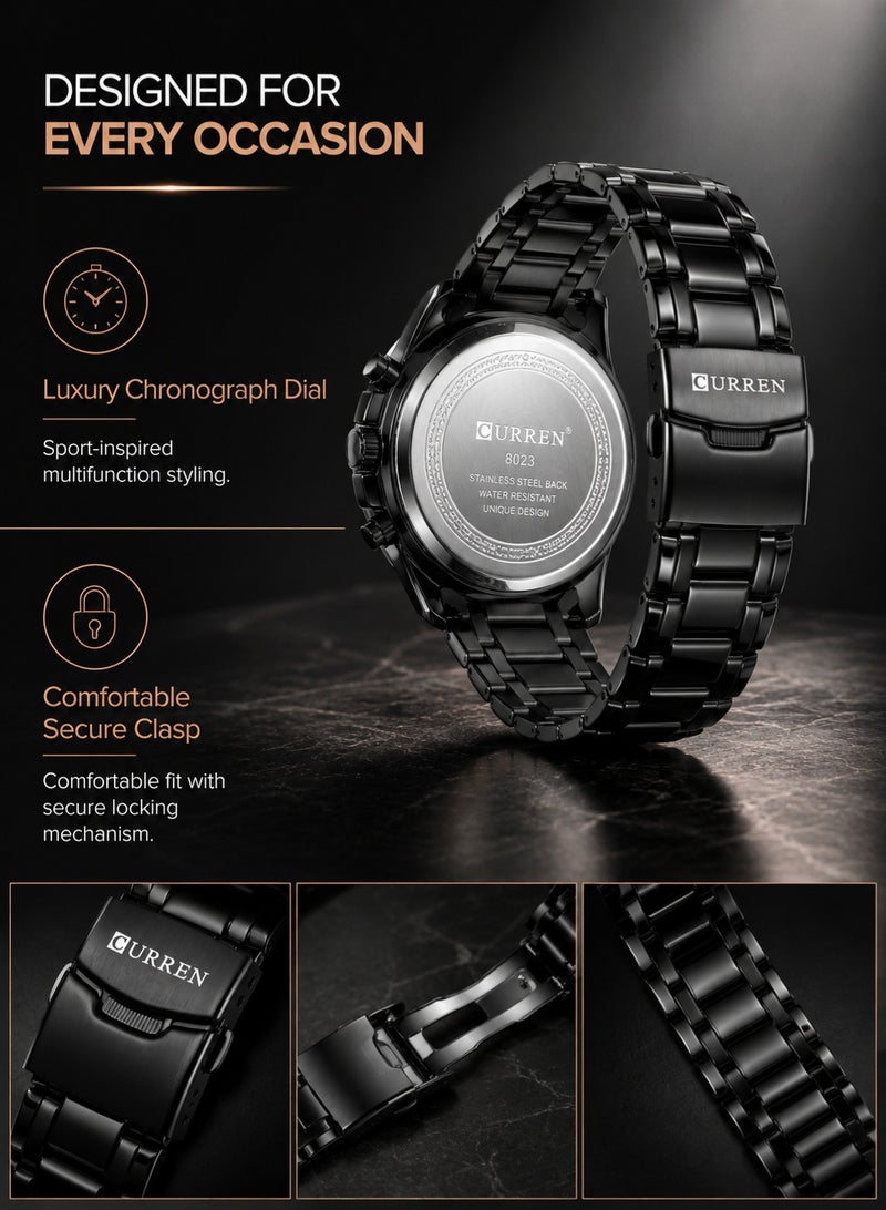 Curren 8023 Black Steel Chronograph Men’s Luxury Sports Watch Premium Tachymeter Dial and Multifunction Timepiece - Image 4