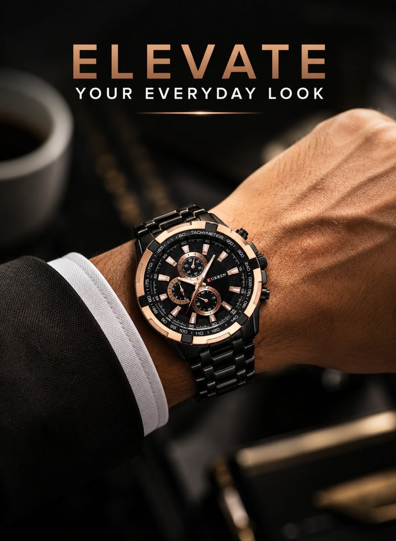 Curren 8023 Black Steel Chronograph Men’s Luxury Sports Watch Premium Tachymeter Dial and Multifunction Timepiece - Image 5