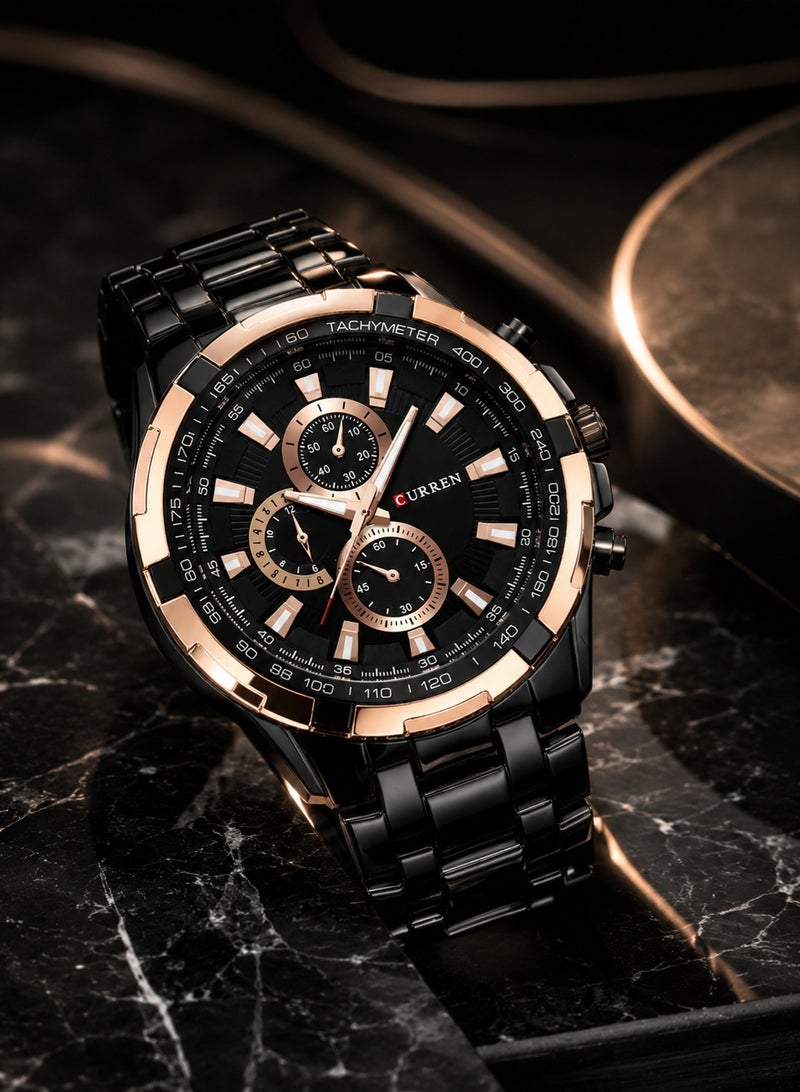 Curren 8023 Black Steel Chronograph Men’s Luxury Sports Watch Premium Tachymeter Dial and Multifunction Timepiece - Image 3