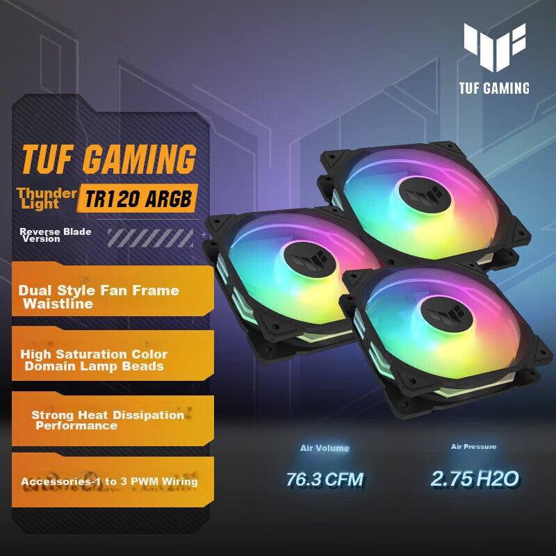 JD Jing Zao ASUS TUF GAMING TR120 Thunderbolt Case Anti-Leaf Fan, 3-Pack, ARGB Fan/PWM Temperature Control Speed/Double Layer LED Array/28mm Thick Fa - Image 1