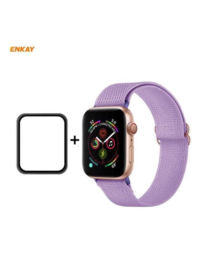 Replacement Strap For Apple Watch Series 6/5/4/SE 40mm Hat-Prince ENKAY 2 in 1 Adjustable Flexible Polyester Wrist Watch Band + Full Screen Full Glue PMMA Curved HD Screen Protector Light Purple