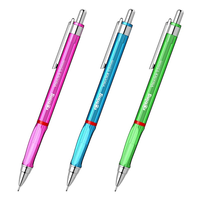 Rotring أقلام روتراينج فيسوكليك ميكانيكية 05 مم رصاص 2B أخضر أزرق وردي أسطوانة شفافة مع ممحاة مرفقة إجمالي 3 قطع - Image 1