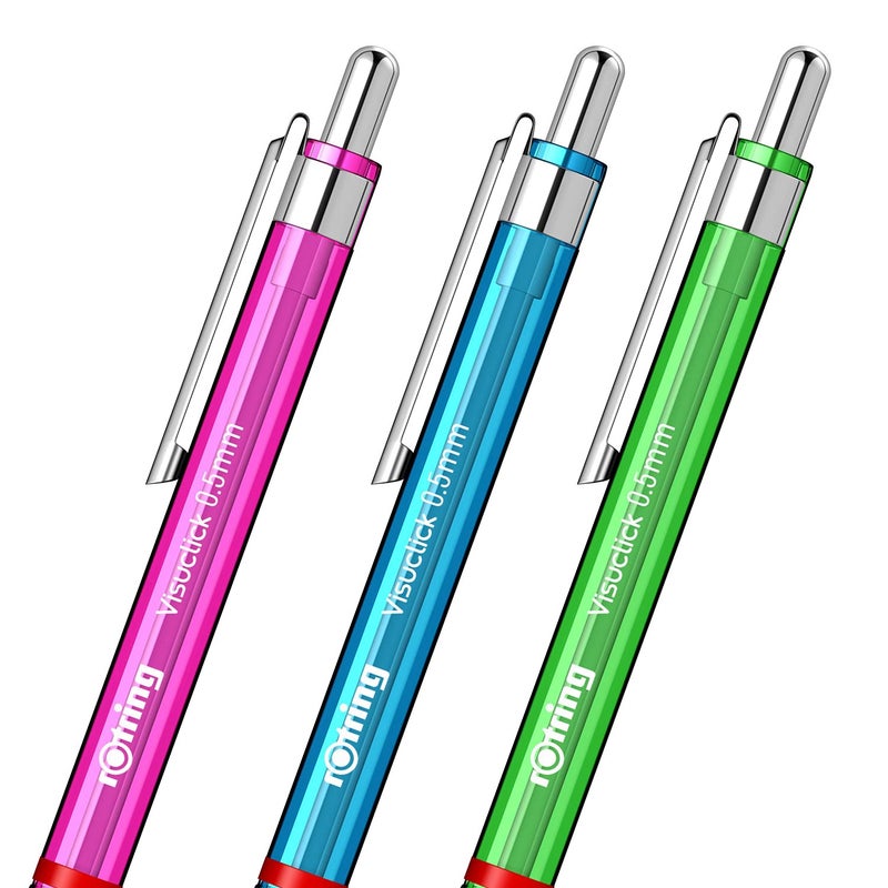 Rotring أقلام روتراينج فيسوكليك ميكانيكية 05 مم رصاص 2B أخضر أزرق وردي أسطوانة شفافة مع ممحاة مرفقة إجمالي 3 قطع - Image 2