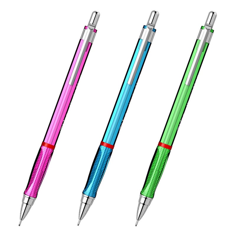 Rotring أقلام روتراينج فيسوكليك ميكانيكية 05 مم رصاص 2B أخضر أزرق وردي أسطوانة شفافة مع ممحاة مرفقة إجمالي 3 قطع - Image 4