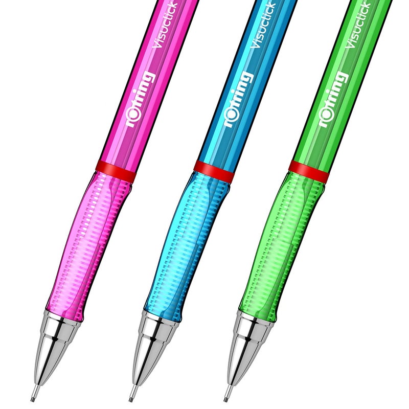 Rotring أقلام روتراينج فيسوكليك ميكانيكية 05 مم رصاص 2B أخضر أزرق وردي أسطوانة شفافة مع ممحاة مرفقة إجمالي 3 قطع - Image 3