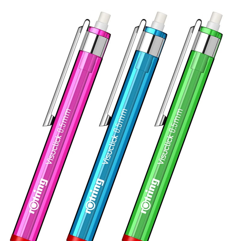 Rotring أقلام روتراينج فيسوكليك ميكانيكية 05 مم رصاص 2B أخضر أزرق وردي أسطوانة شفافة مع ممحاة مرفقة إجمالي 3 قطع - Image 5