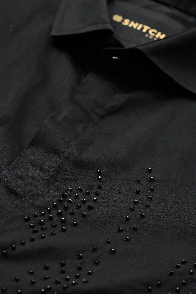 SNITCH Black Embellished Long Sleeve Slim Fit Formal Luxe Shirt
