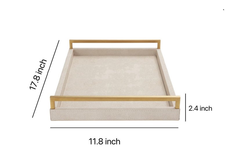 WV Ivory Shagreen Leather Serving Tray with Gold Handles-17.7x11.8 Inch Large Wooden Decorative Ottoman Tray fro Coffee Table, Kitchen, Dining, and Home Decor (Ivory) - Image 2