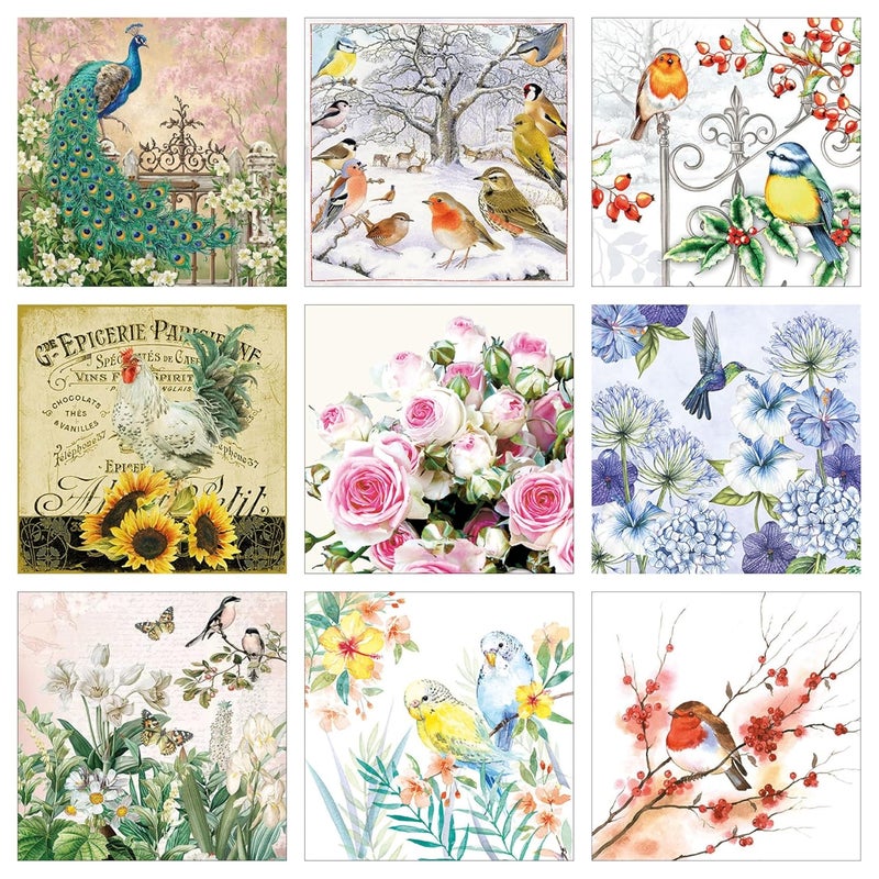 مجموعة مناديل ديكوباج بطبعة طيور 19 مناديل ديكوباج 1 منديل من كل تصميم طيور 9 قطع إجمالي - Image 1