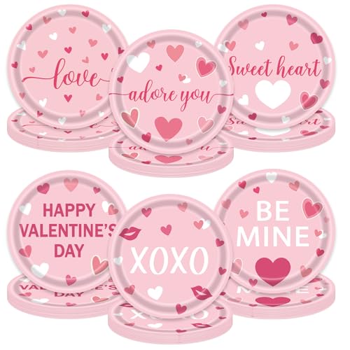 Photken 48 Pieces Valentine’s Day Paper Plates – 7 Inch Pink Heart Design Round Disposable Dessert Plates for Valentine’s Parties, Weddings, Anniversaries, and Romantic Dinners - Image 1