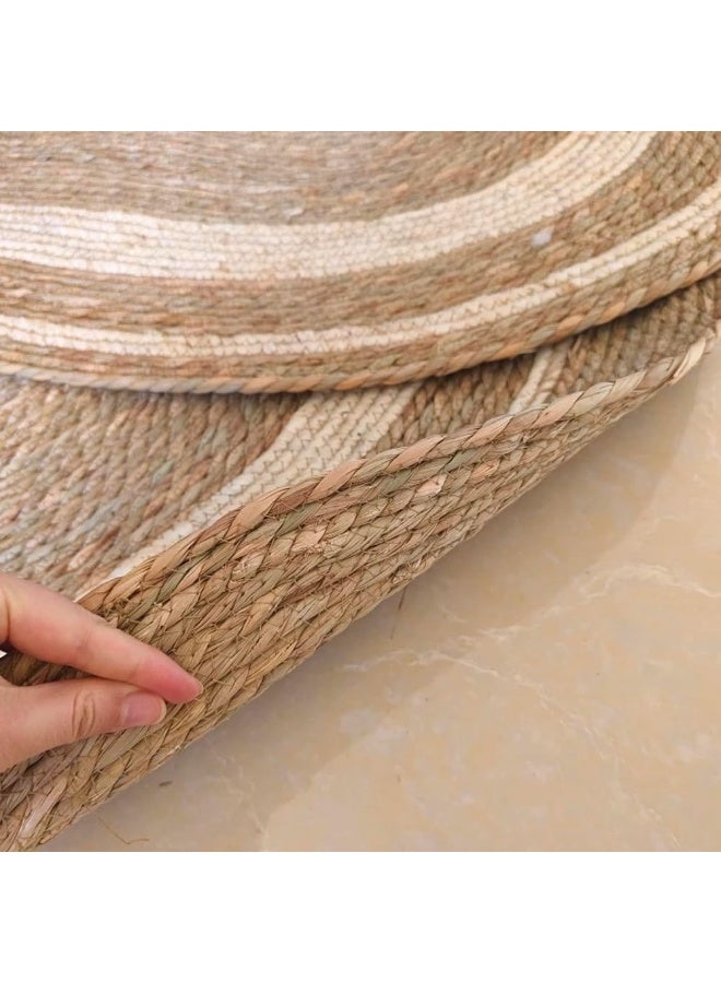 لينجوي سجادة بيضاوية الشكل مضفرة يدويًا من الجوت الطبيعي، مقاس 70×130 سم، سجادة بيضاوية بخطوط بيضاء - Image 5