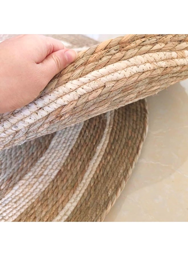 لينجوي سجادة بيضاوية الشكل مضفرة يدويًا من الجوت الطبيعي، مقاس 70×130 سم، سجادة بيضاوية بخطوط بيضاء - Image 4