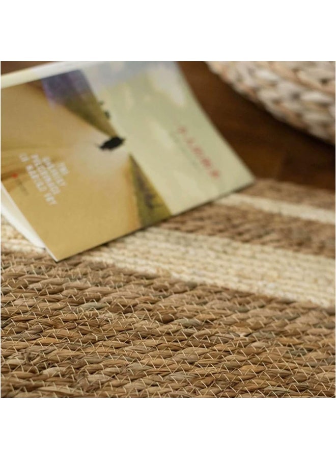 لينجوي سجادة بيضاوية الشكل مضفرة يدويًا من الجوت الطبيعي، مقاس 70×130 سم، سجادة بيضاوية بخطوط بيضاء - Image 3