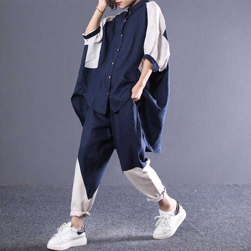 Plus Size Womens Casual Color Block Outfit Set Navy 