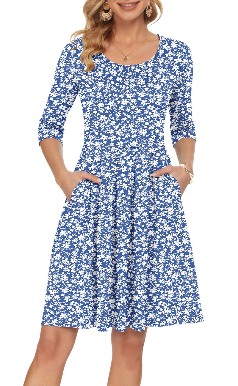 AUSELILY Women's Party Dress 3/4 Sleeve Swing Knee Length Dresses with Pockets, Gray Blue Floral M - Image 1