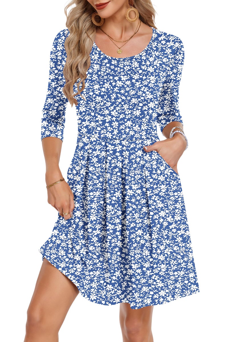 AUSELILY Women's Party Dress 3/4 Sleeve Swing Knee Length Dresses with Pockets, Gray Blue Floral M - Image 2