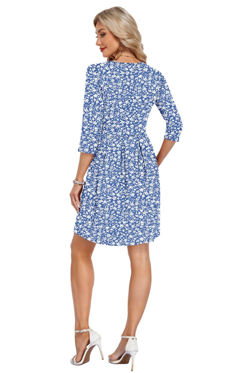 AUSELILY Women's Party Dress 3/4 Sleeve Swing Knee Length Dresses with Pockets, Gray Blue Floral M - Image 4