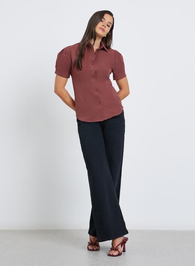 Styli Spread Collar Puff Sleeve Buttoned Shirt - Image 2