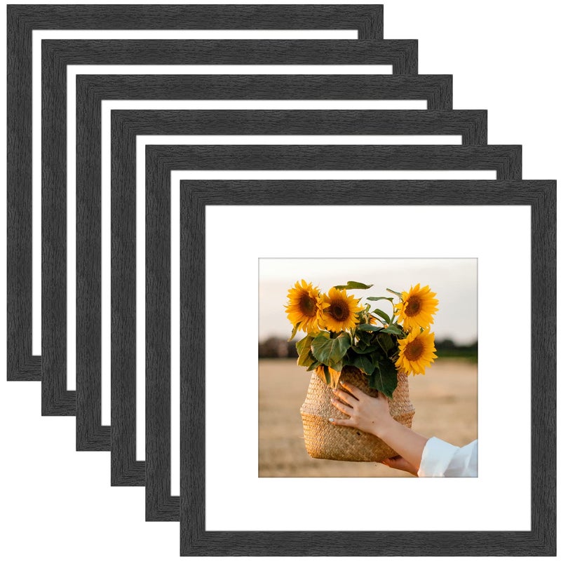VMUZEDER 8x8 Picture Frame Rustic Black Wood Set of 6Display Pictures 5x5 with Mat or 8x8 Without MatMulti Photo Frames Collage for Wall or Tabletop Display