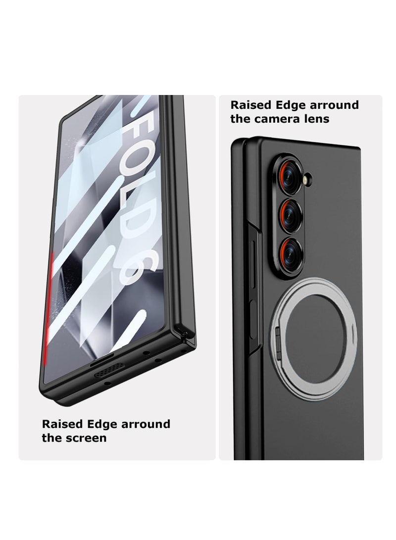 For Samsung Z Fold 6 2024 Case with Magnetic Ring Stand, Z Fold 6 Magnetic Protective Case with Built-in Screen Protector, Thin and Hard PC Protective Case for Z Fold 6 (Black)