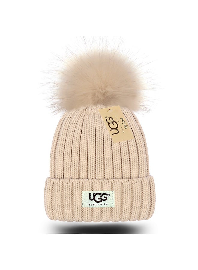 UGG Elegant Beige Knit Pom-Pom Beanie - Plush Lined Winter Warm Hat 577Size