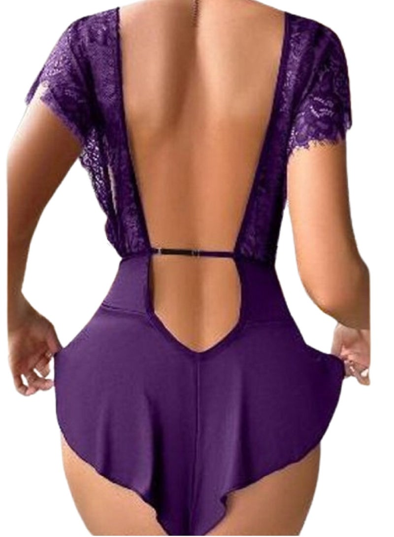 MANIKAN Manikan-women's lingerie lace jumpsuit with chiffon shortsleeves - Image 2