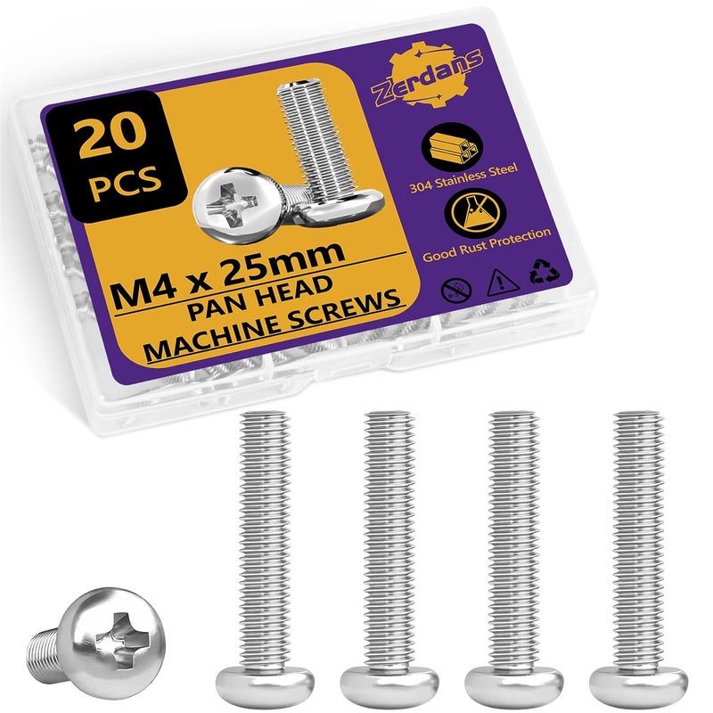 ZerDans M4 x 25mm Machine Screws, 20PCS Pan Head Machine Screws 304 Stainless Steel Metric Assortment, Truss Head Bolts, Full Thread, Phillips Drive for Furniture Repairs and 3D Printer - Image 1