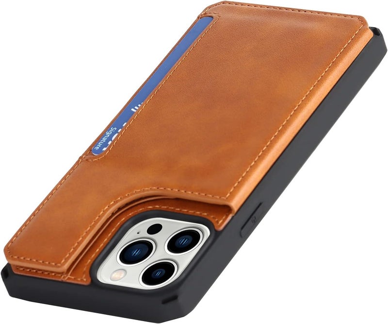iCoverCase for iPhone 13 Pro Wallet Case with Card Holder, PU Leather Kickstand Magnetic Clasp Flip Shockproof Cover Case with Strap for iPhone 13 Pro - Light Brown - Image 5
