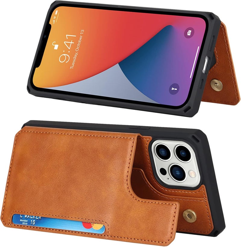 iCoverCase for iPhone 13 Pro Wallet Case with Card Holder, PU Leather Kickstand Magnetic Clasp Flip Shockproof Cover Case with Strap for iPhone 13 Pro - Light Brown - Image 3
