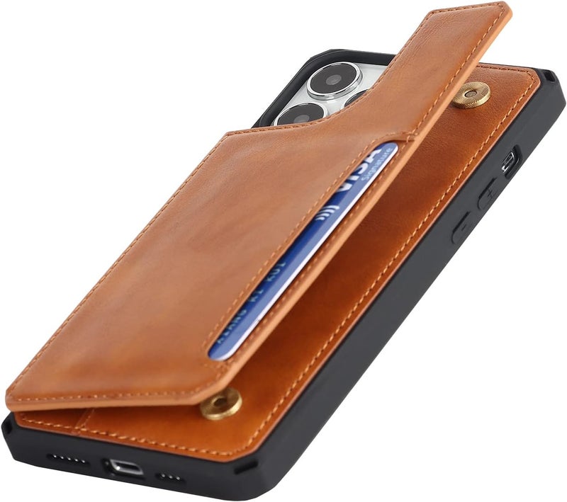 iCoverCase for iPhone 13 Pro Wallet Case with Card Holder, PU Leather Kickstand Magnetic Clasp Flip Shockproof Cover Case with Strap for iPhone 13 Pro - Light Brown - Image 4
