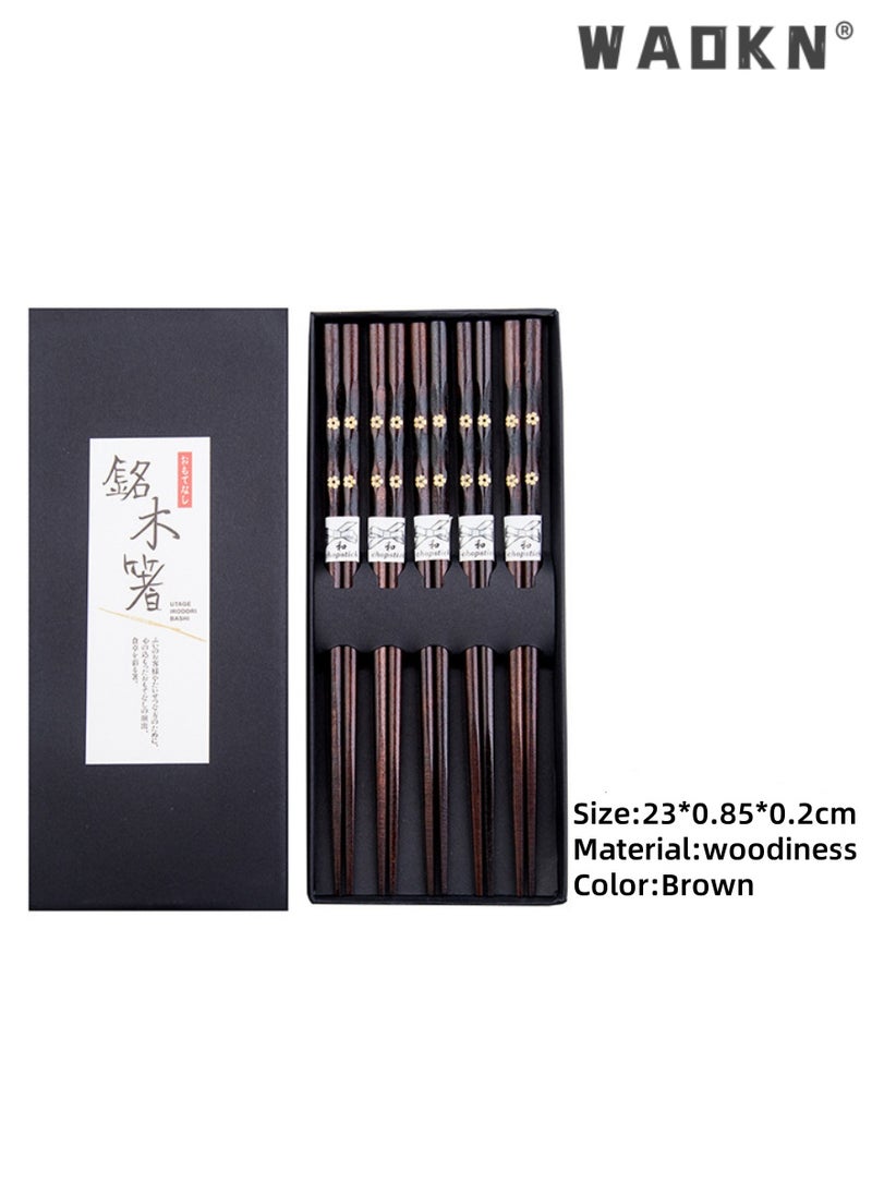 WAOKN 5 Pairs Chopsticks Wooden Reusable Washable Chopsticks Non-slip Japanese Style Gift Set Personalized Cooking Pointed Tail Head Household Solid Wood Chopsticks（Double Cherry Blossom Pattern）  - Image 1