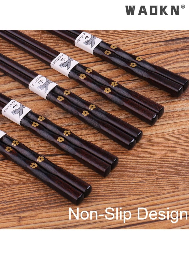 WAOKN 5 Pairs Chopsticks Wooden Reusable Washable Chopsticks Non-slip Japanese Style Gift Set Personalized Cooking Pointed Tail Head Household Solid Wood Chopsticks（Double Cherry Blossom Pattern）  - Image 4