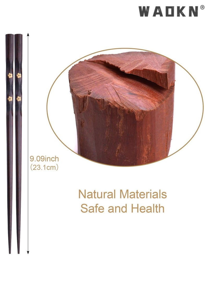 WAOKN 5 Pairs Chopsticks Wooden Reusable Washable Chopsticks Non-slip Japanese Style Gift Set Personalized Cooking Pointed Tail Head Household Solid Wood Chopsticks（Double Cherry Blossom Pattern）  - Image 3