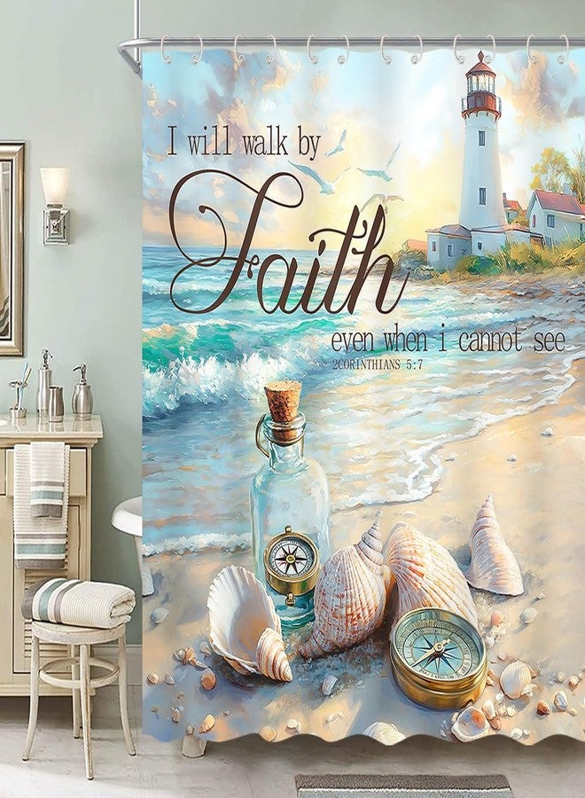 JAWO Beach Ocean Shower Curtain, Bible Verse Quotes Inspirational Bath Curtains, Nautical Coastal Christian Scripture Starfish Seashells Fabric Decor Shower Curtains for Bathroom Sets with 12 Hooks, 72X72 - Image 3