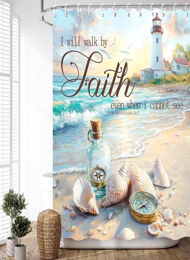 JAWO Beach Ocean Shower Curtain, Bible Verse Quotes Inspirational Bath Curtains, Nautical Coastal Christian Scripture Starfish Seashells Fabric Decor Shower Curtains for Bathroom Sets with 12 Hooks, 72X72 - Image 2